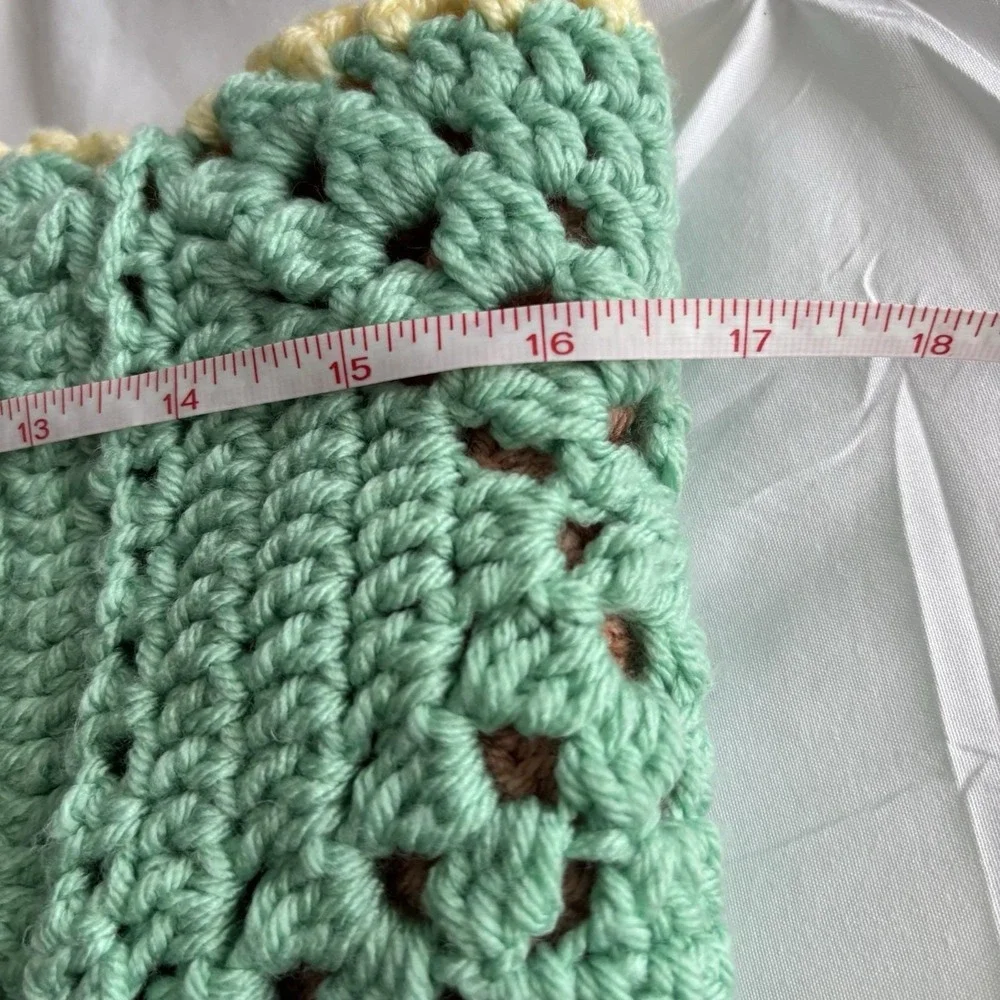 Vintage Afghan Blanket Knit Handmade Crochet Baby Throw Mint Salmon Yellow 34x40